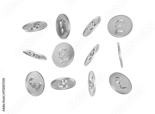 Falling silver British Pound sterling coins on a black background