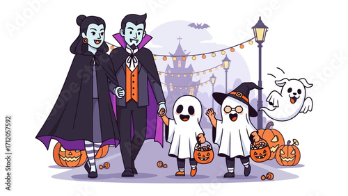 Spooky Halloween Stroll: A family of costumed individuals and spirits take to a festive, decorated street. They embody the spooky ambiance of the event.