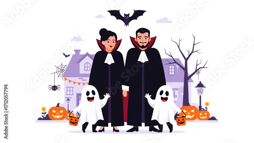Halloween Family's Spooky Outing: An illustrative portrayal of a family embracing Halloween traditions, each element radiating festive vibes against a whimsical backdrop.