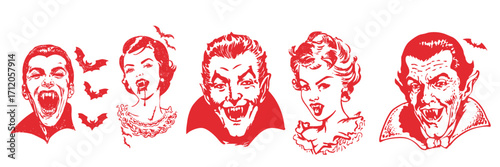 Halloween Dracula vampire illustration set, vintage gothic horror sketch