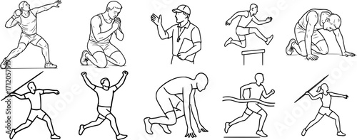 Collection of black and white vector athletics outline silhouettes, minimal monochrome sports illustrations for track and field, running, jumping, and throwing events.