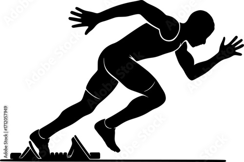Black and white vector outline silhouette of a sprinter starting from blocks, minimal monochrome sports illustration for athletics, track, and sprint events.