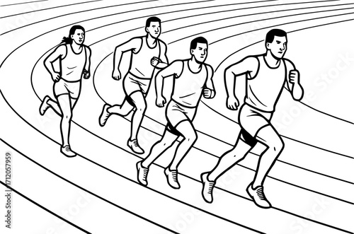 Black and white vector contour of athletes running on a curved track, minimal monochrome sports illustration for athletics, racing, and track events.