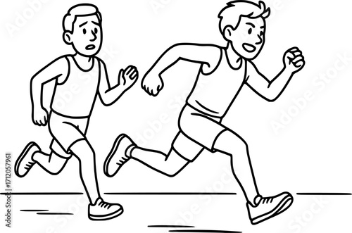 Black and white vector outline of a runner overtaking another, minimal monochrome sports illustration for athletics, racing, and running concepts.