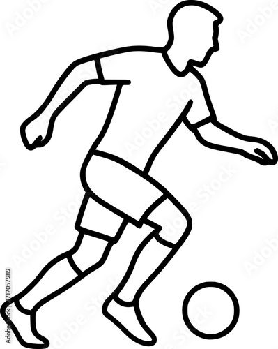 Black and white vector contour outline of a footballer running with the ball at feet, minimal monochrome sports illustration for soccer design, posters, and athletic concepts.