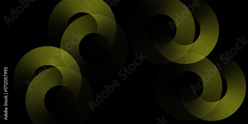 Halftone circular dot frame. Isolated circle dot texture on yellow background. Dotted spray texture. Black and yellow spiral circle sound wave logo abstract design element, modern.