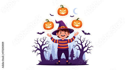 Halloween Juggling Act: A cheerful illustration captures the essence of Halloween with a whimsical witch performing juggling act with carved pumpkins and a moonlit forest backdrop.