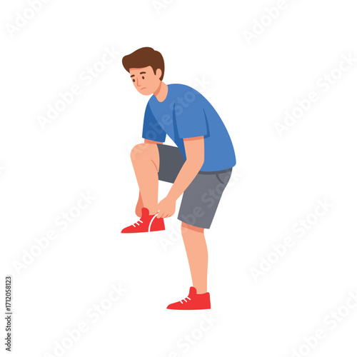 Vector art of young man tying his red shoelaces on his sneakers