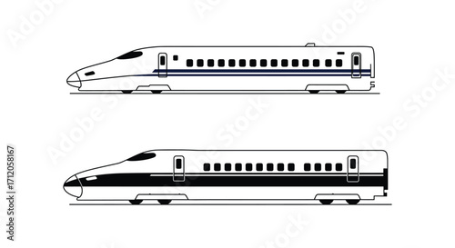 Detailed illustrations showcase two high speed bullet trains side by side