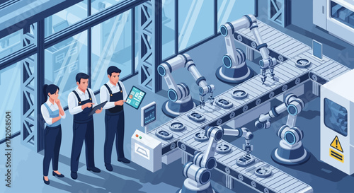 Vector isometric illustration of factory engineers monitoring robotic assembly line using tablet. Autonomous robots and conveyor belt system in modern industry 4.0 smart manufacturing environmen