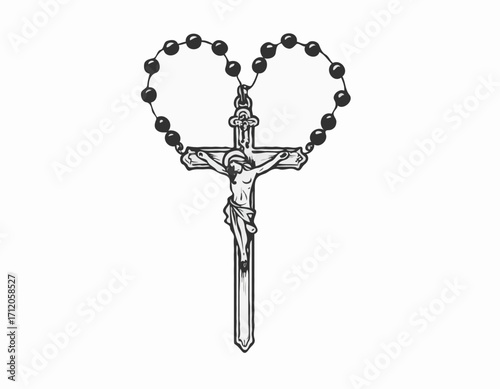 Rosary with cross religion hand drawn sketch Vector illustration.
