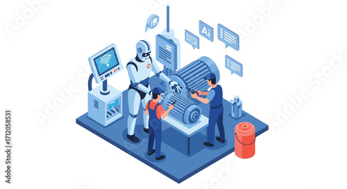Isometric vector of AI robot assistant guiding technicians during electric motor maintenance, smart industry collaboration between human and artificial intelligence