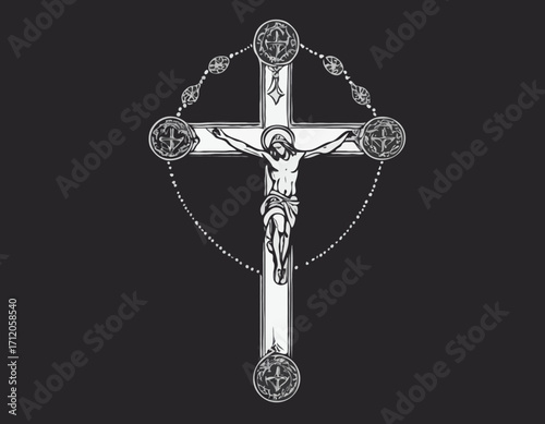 Rosary with cross religion hand drawn sketch Vector illustration.