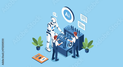 Isometric vector of AI robot assistant guiding technicians during electric motor maintenance, smart industry collaboration between human and artificial intelligence