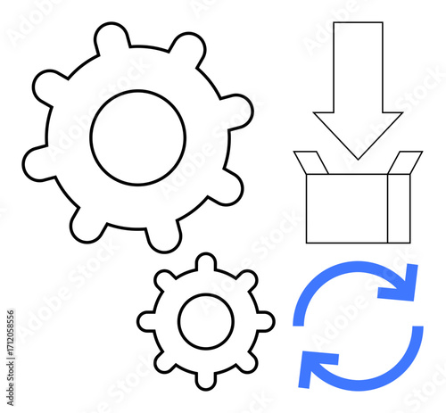 Two gears, a downward arrow entering a box, and circular recycling arrows symbolize process automation, update, development, download, logistics, efficiency, and resource optimization in a simple