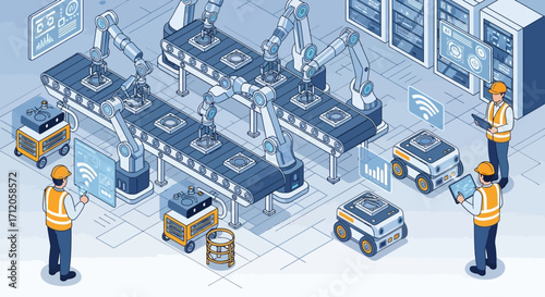 Vector design of industrial automation with robots and AI technology. Smart factory conveyor belt operated by robotic arms and self-driving mobile robots
