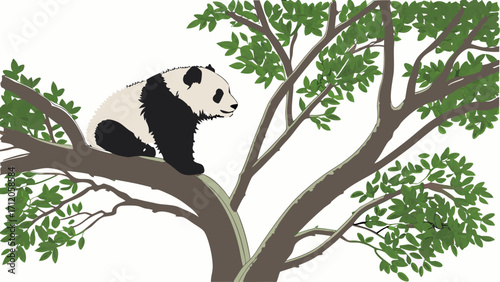 Cute Panda Bear Cub Sitting on Tree Branch in Lush Green Foliage Illustration.