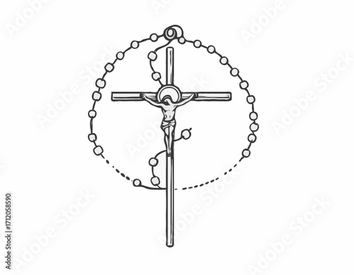 Rosary with cross religion hand drawn sketch Vector illustration.