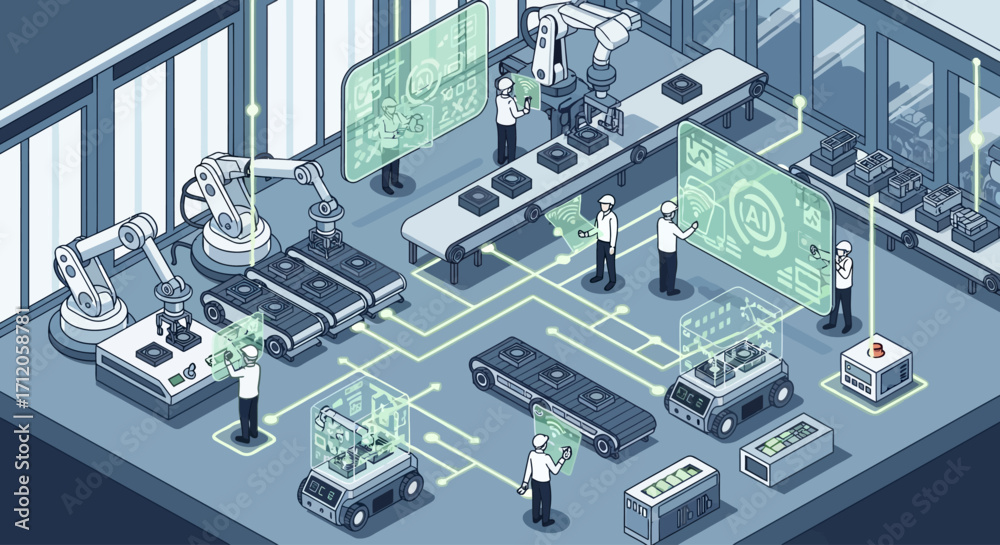 Obraz premium Vector design of industrial automation with robots and AI technology. Smart factory conveyor belt operated by robotic arms and self-driving mobile robots