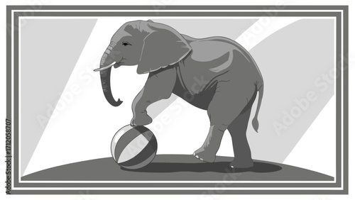 Elephant balancing ball grayscale illustration circus animal wildlife art poster design zoo animal African elephant big game mammal wildlife animal illustration grey tones monochrome.