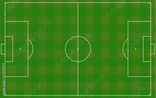Top down view of a green soccer football field with goalposts and center circle