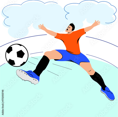 Dynamic football player kicking ball amidst stylized clouds vector eps