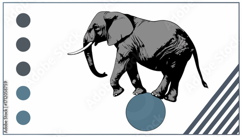Elephant balancing on a ball grayscale illustration whimsical animal art circus theme vector graphic zoo animal wildlife African elephant large mammal strong animal balance stability.
