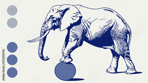 Elephant Balancing on Ball Ink Drawing Wildlife Illustration Zoo Animal Art Circus Theme Blue and White Graphic Design.