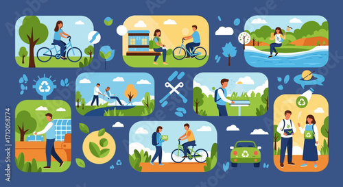 Vector illustration of eco-friendly lifestyle and sustainable living. People practicing recycling, renewable energy, organic farming, water saving, zero waste