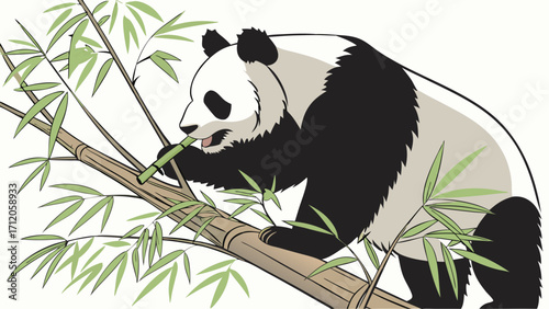 Giant Panda Eating Bamboo Shoots in a Natural Habitat Illustration.