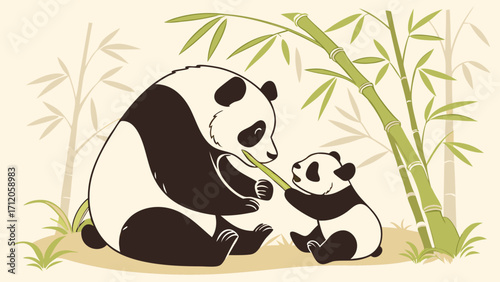 Giant Panda Family with Bamboo Illustration Cute Cartoon Animals Nature Scene Wildlife Art Parent and Child Family Bond Adorable Pandas Eating Bamboo Shoots.