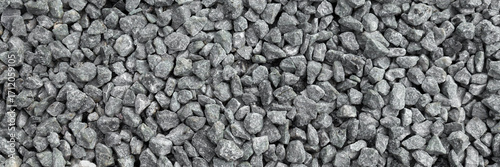 Light gray granite gravel road background. Closeup. Wide banner. Top down view.