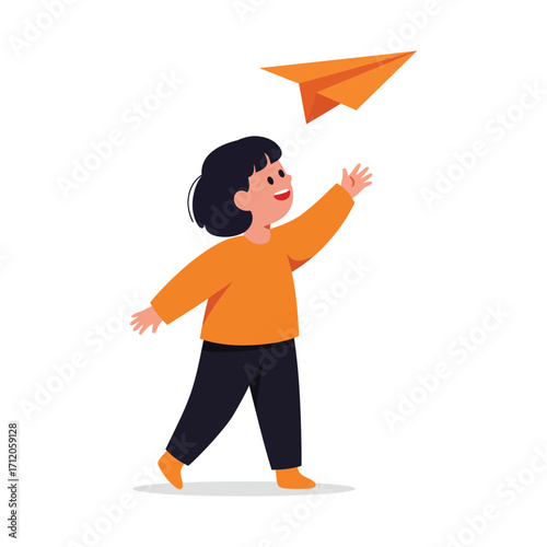 Vector art of a young child in an orange shirt and dark pants joyfully throws an orange paper airplane into the air