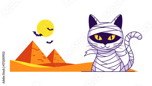 Mummy Cat in Pyramid's Shadow: This illustration captures a cartoon mummy cat, wrapped in bandages, against a backdrop of pyramids.