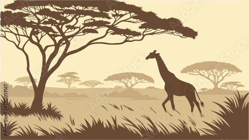 Giraffe Silhouette in African Savanna Landscape Wildlife Illustration Nature Background Animal Art.