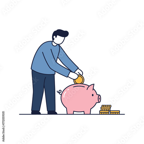 Vector art of man putting coin into piggy bank