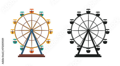 Colorful ferris wheel illustration presented alongside its black and white outline