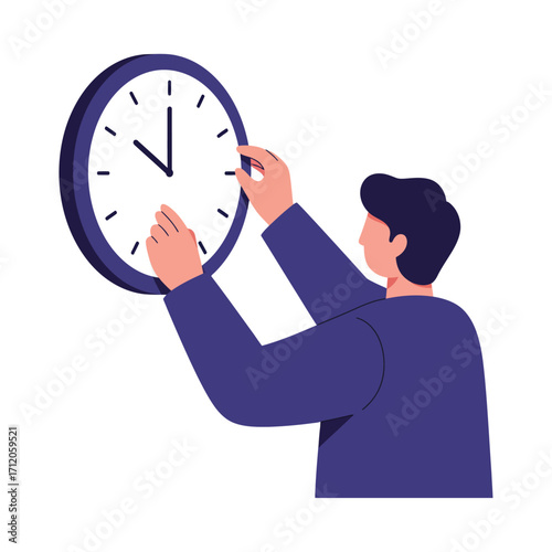 Vector art of man adjusting the hands of a clock, symbolizing time management, punctuality, and the passage of time
