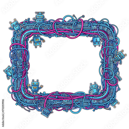 A rectangular frame constructed of tangled wires and small, cartoonish robots in a vibrant color palette.