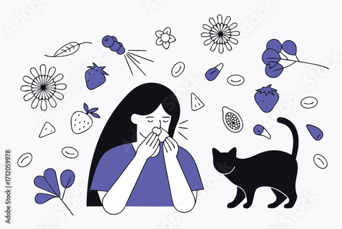 Woman experiencing seasonal allergy symptoms with cat, flowers, and fruit in a modern simple style perfect for health and wellness content