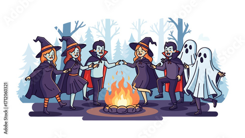 Halloween Festivities: A whimsical illustration shows a group of friendly witches, vampires, and ghosts gathered around a cozy campfire, creating a scene of festive Halloween revelry.