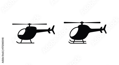 Simple black silhouette illustration featuring three helicopters in various positions
