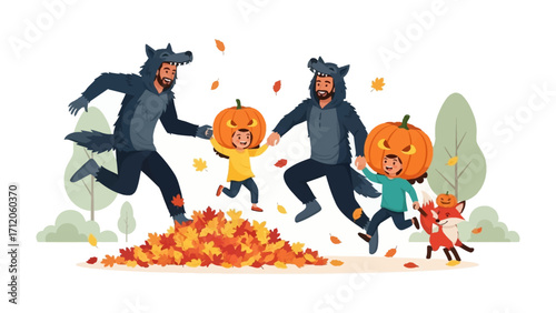 Harvest Festival Fun: Family frolics in autumn leaves, with a playful father-child dynamic embracing the festive spirit. Pumpkin-headed children dance with joy, alongside a father.