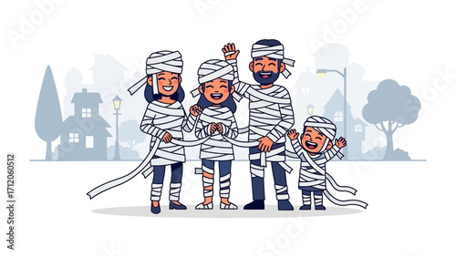 Halloween Mummy Family Portrait: A charming family joyfully embraces the spirit of Halloween, each member playfully adorned as a mummy against the backdrop of a whimsical, silhouetted town. 