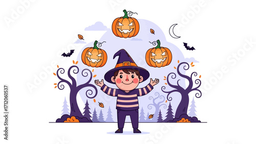 Halloween Magic: An excited child, adorned in a witch's hat and ensemble, seemingly commands a symphony of smiling pumpkins as they float against the magical Halloween night.