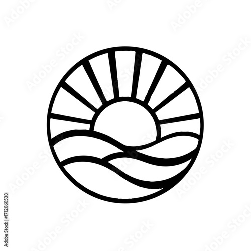 Simple line art logo of sun rising over waves in a circle.