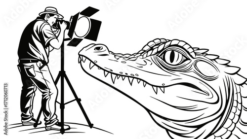Photographer taking a picture of a reptile with a studio flash black and white illustration.