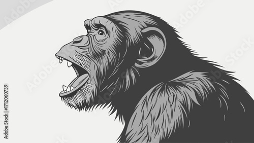 Profile of a Screaming Ape Vector Illustration Black and White Monochrome Animal Portrait Graphic Design Wild Animal Art.