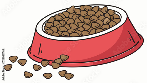 Red bowl of pet food kibble animal feed cartoon illustration for websites blogs and apps.