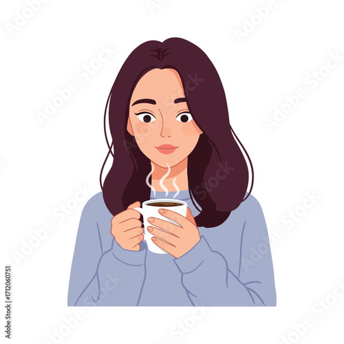 Vector art of a young woman with dark hair holding a steaming mug of coffee or tea